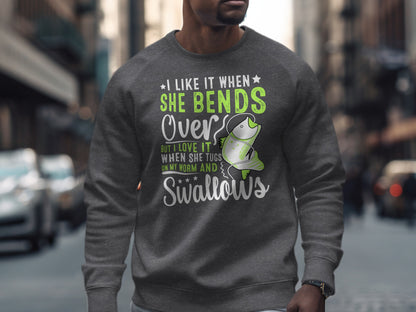 Gray sweatshirt with humorous fishing graphic and text.
