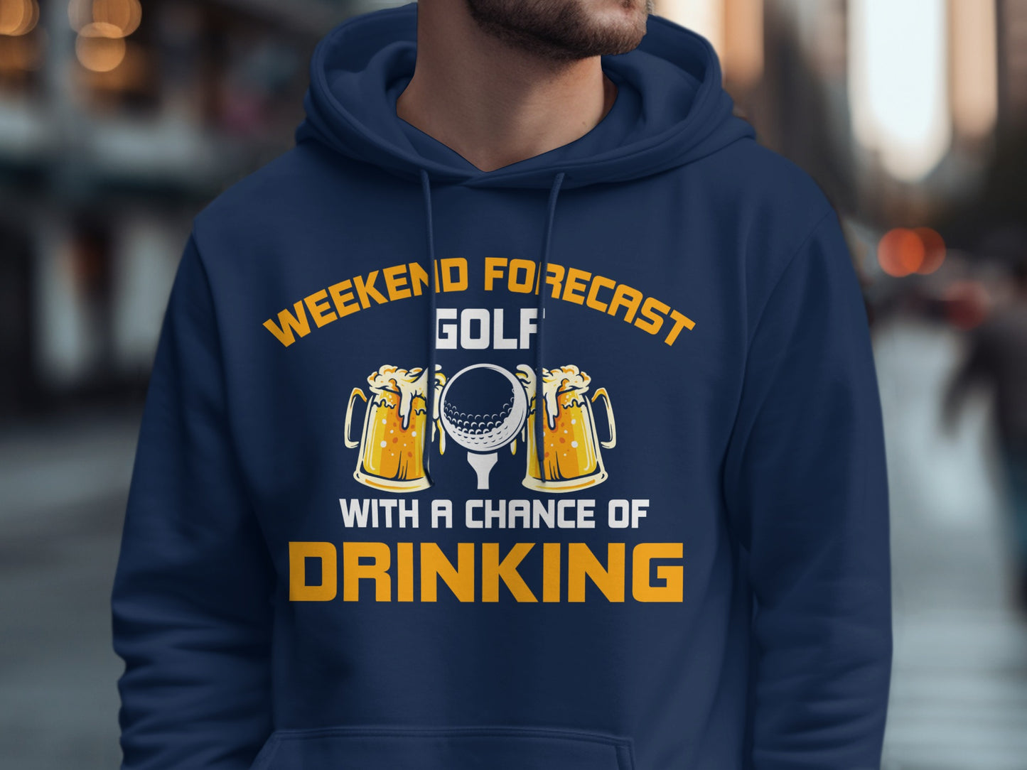 Navy hoodie with "Weekend Forecast Golf With a Chance of Drinking" and beer mugs.