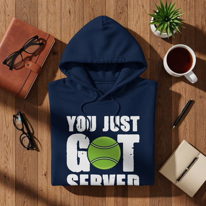 Navy hoodie with "YOU JUST GOT SERVED" and tennis ball graphic.