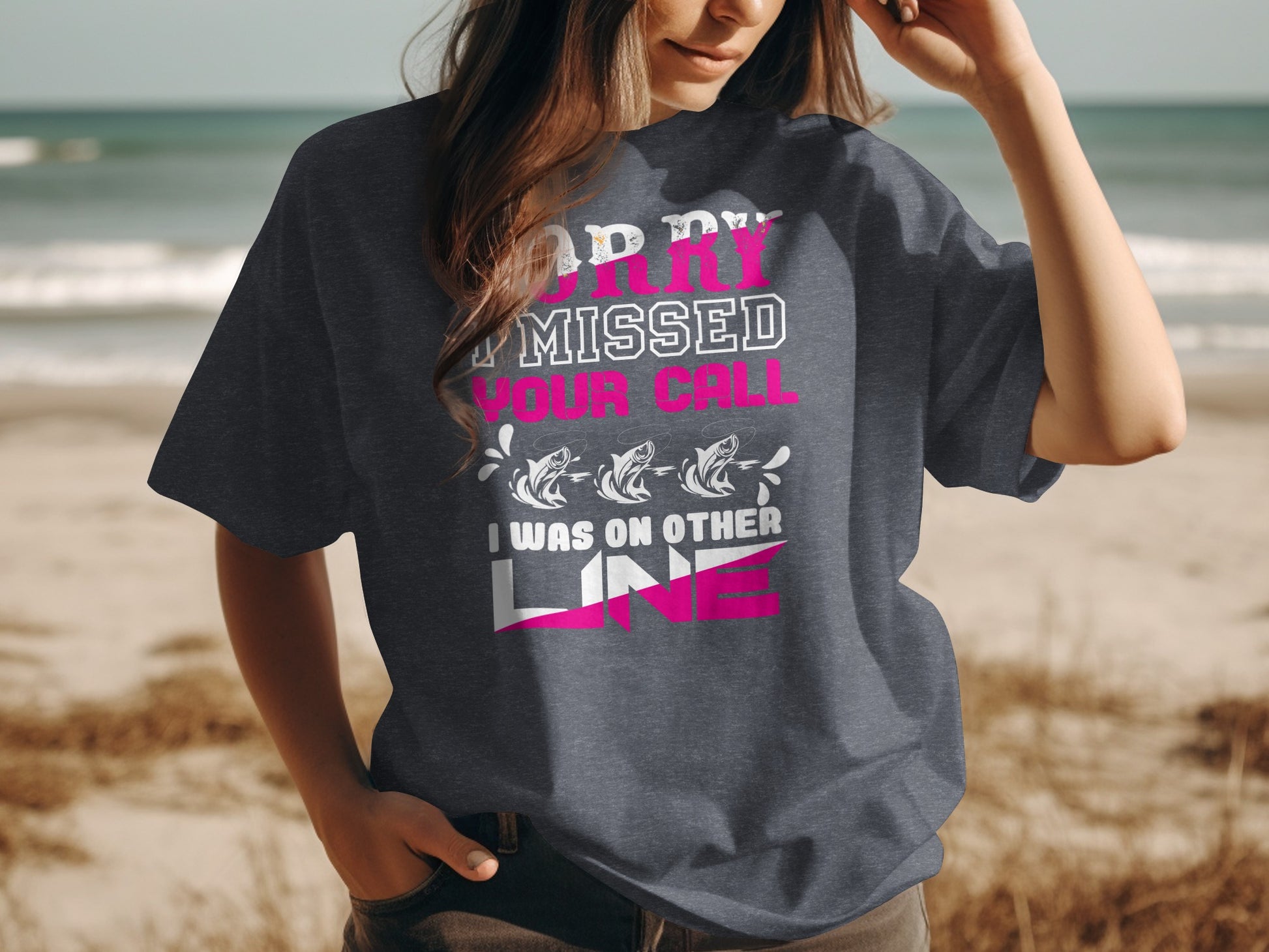 Dark t-shirt with text "Sorry, I missed your call. I was on other line."