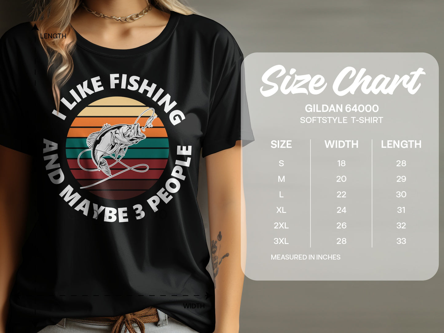 Black t-shirt with "I like fishing and maybe 3 people" graphic and size chart.