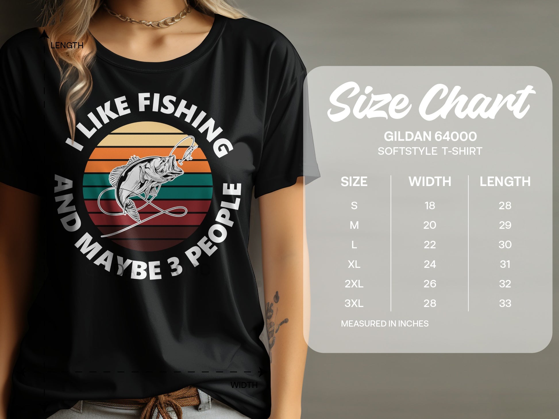 Black t-shirt with "I like fishing and maybe 3 people" graphic and size chart.