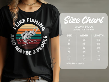 Black t-shirt with "I like fishing and maybe 3 people" graphic and size chart.