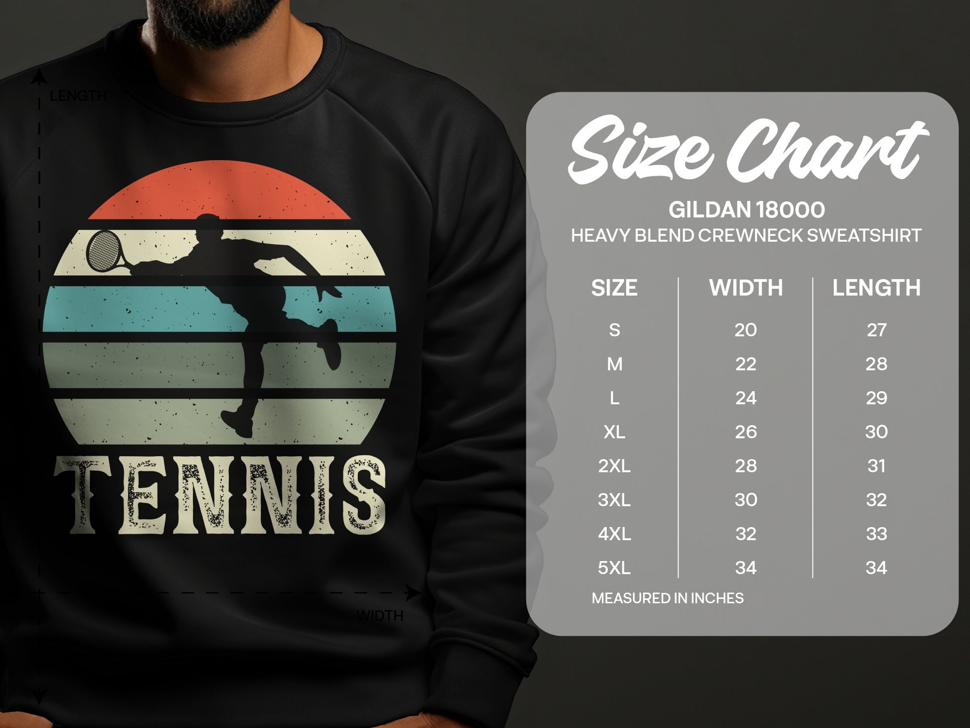 Tennis graphic sweatshirt with size chart for Gildan 18000 crewneck sweatshirt.