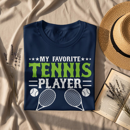 Navy t-shirt with "My Favorite Tennis Player" and tennis rackets.