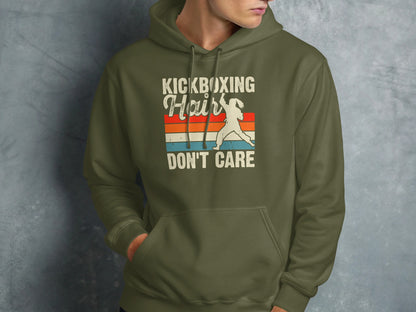 Green hoodie with "Kickboxing Hair Don't Care" text and graphic.