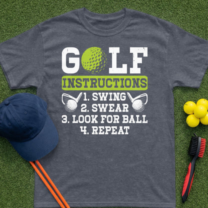 Dark gray t-shirt with white "GOLF INSTRUCTIONS" text and numbered steps.
