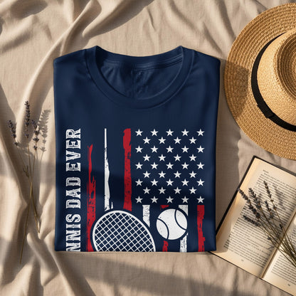 Navy t-shirt with American flag tennis graphic and "NNIS DAD EVER" text.