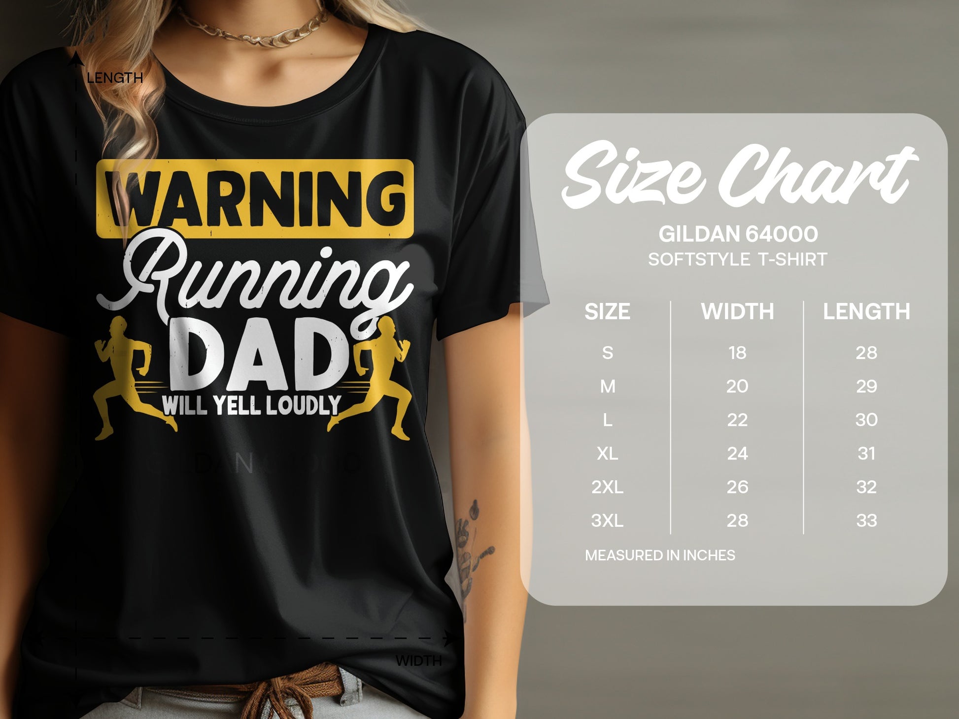 Black t-shirt with "WARNING Running DAD WILL YELL LOUDLY" and size chart.