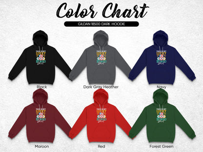 Gildan 18500 dark hoodie color chart showing Black, Gray, Navy, Maroon, Red, and Green.