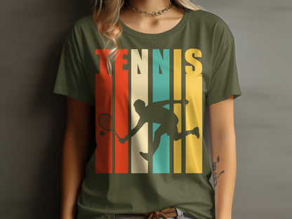 Green t-shirt with vintage tennis player silhouette and colorful stripes.