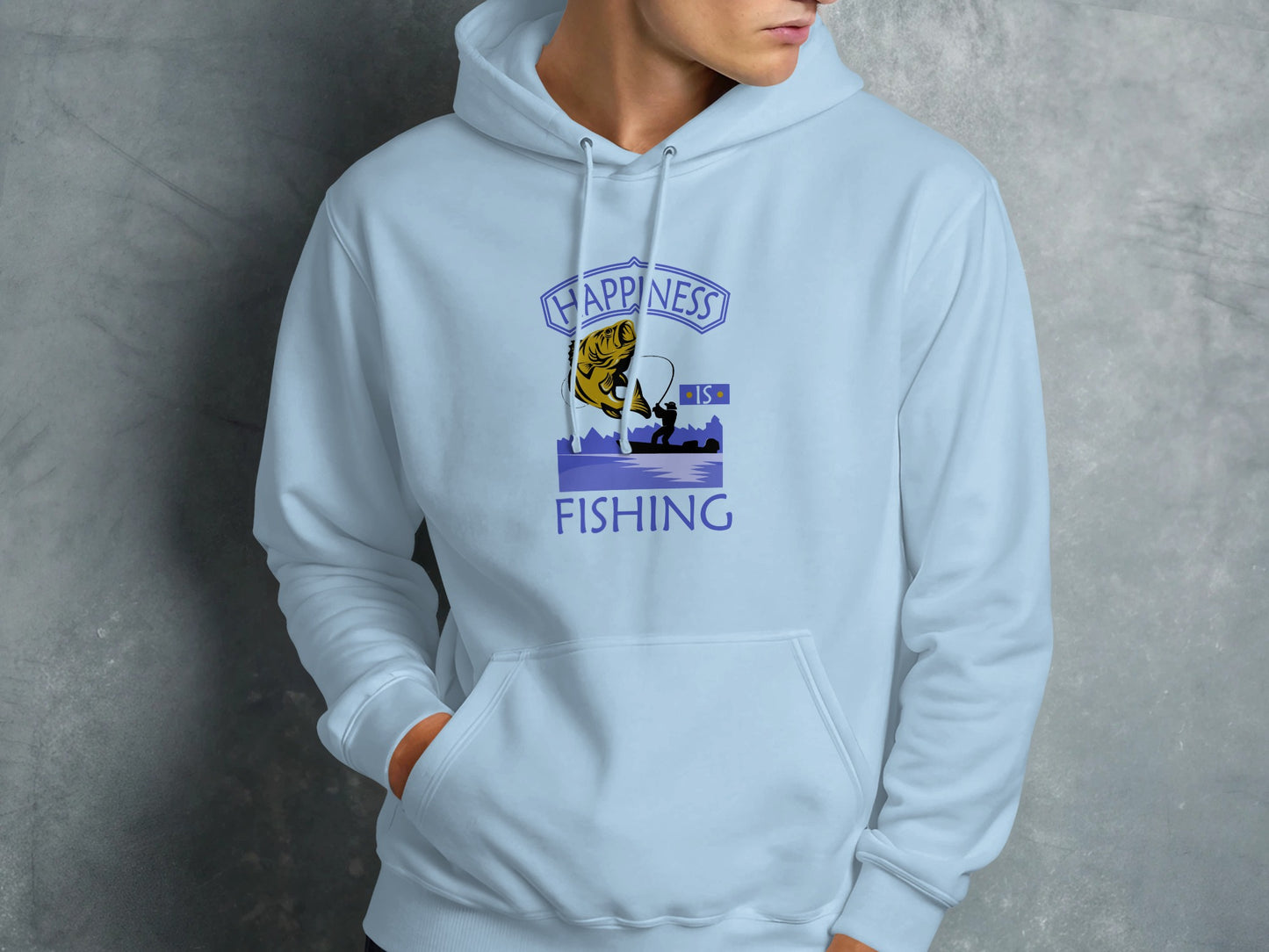 Light blue hoodie with "Happiness is Fishing" text and fishing graphic.