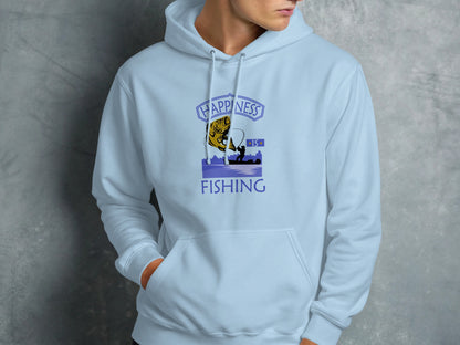 Light blue hoodie with "Happiness is Fishing" text and fishing graphic.
