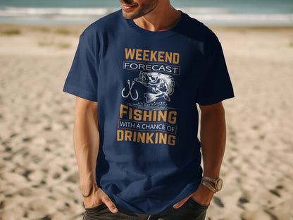 Navy t-shirt with "Weekend Forecast Fishing With A Chance Of Drinking" text and fishing graphic.