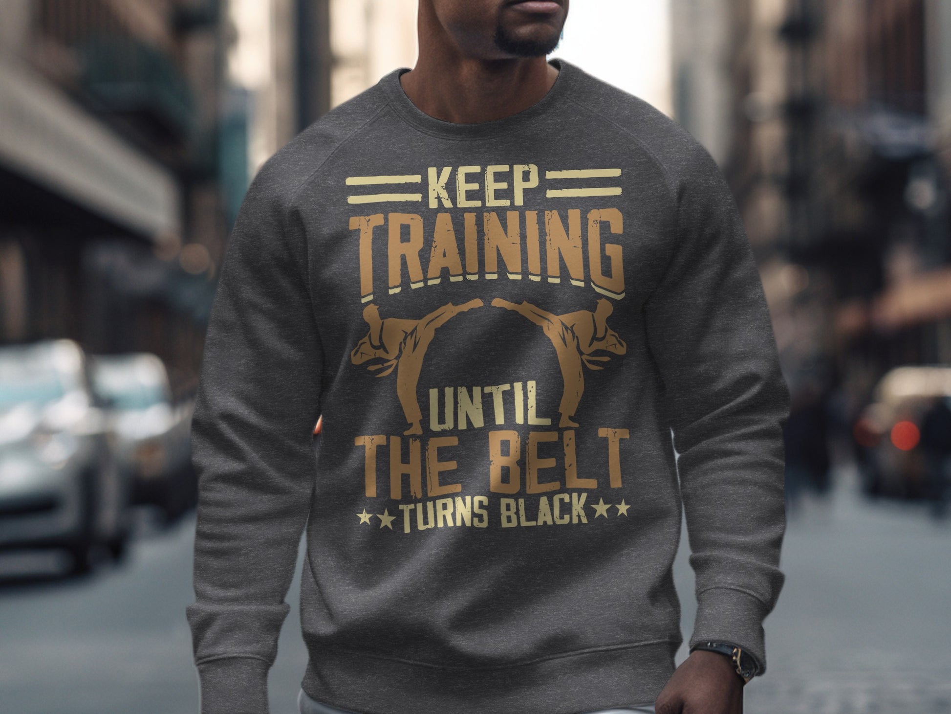 Sweatshirt with "KEEP TRAINING UNTIL BLACK BELT" text and martial arts graphic.