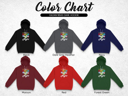 Color chart showing Gildan 18500 dark hoodie in six color options.