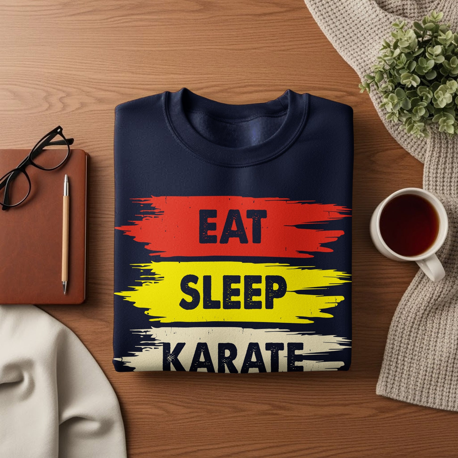 Navy sweatshirt with "EAT SLEEP KARATE" text in red, yellow, and white brush strokes.