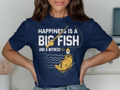 Navy t-shirt with "Happiness is a Big Fish and a Witness" text and fishing graphic.