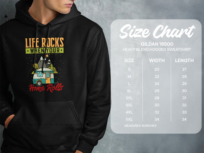 Gildan 18500 hooded sweatshirt size chart with "Life Rocks When Your Home Rolls" graphic.