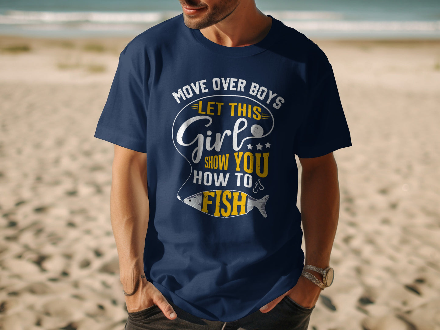 Navy t-shirt with "Move over boys, let this girl show you how to fish" text.
