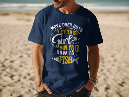 Navy t-shirt with "Move over boys, let this girl show you how to fish" text.