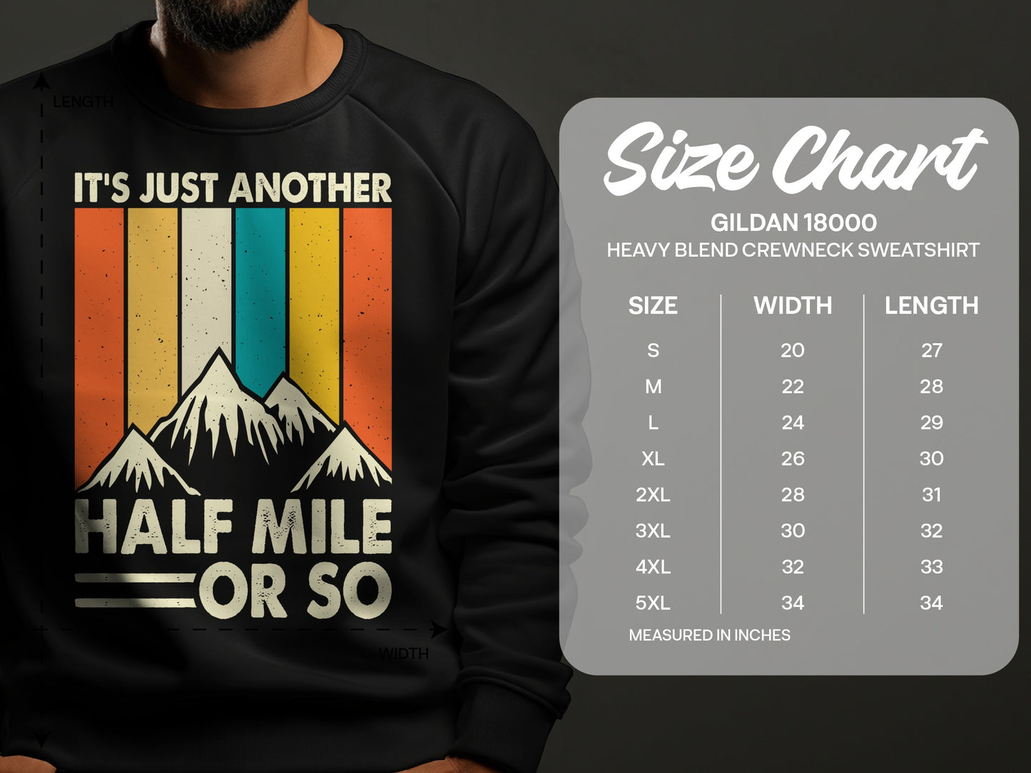 Black sweatshirt with mountain graphic and size chart.