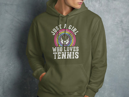 Olive hoodie with "Just a girl who loves tennis" and tennis ball graphic.