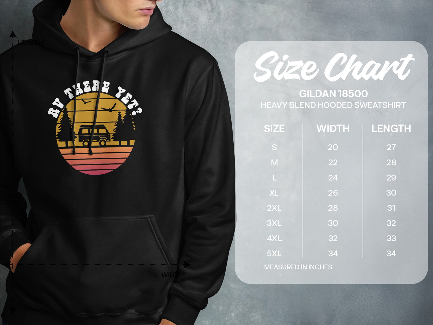 Hoodie with "RV THERE YET?" text and sunset graphic, next to size chart.