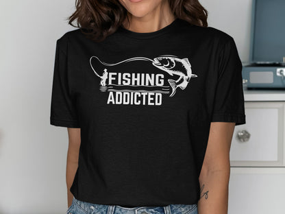 Black t-shirt with "FISHING ADDICTED" text and a leaping fish graphic.