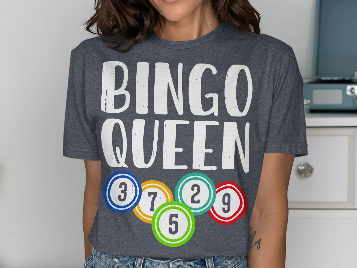 Dark gray t-shirt with "BINGO QUEEN" and colorful bingo balls.