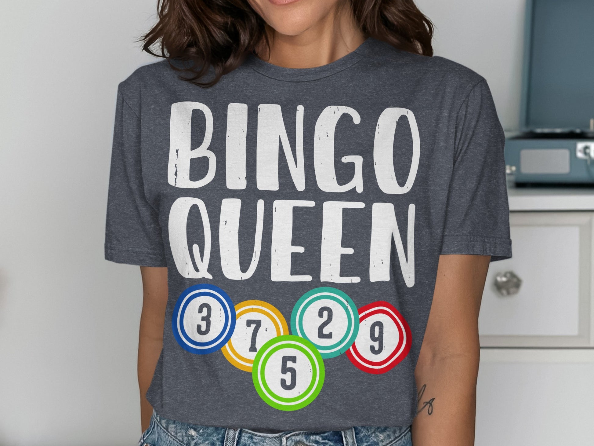 Dark gray t-shirt with "BINGO QUEEN" and colorful bingo balls.