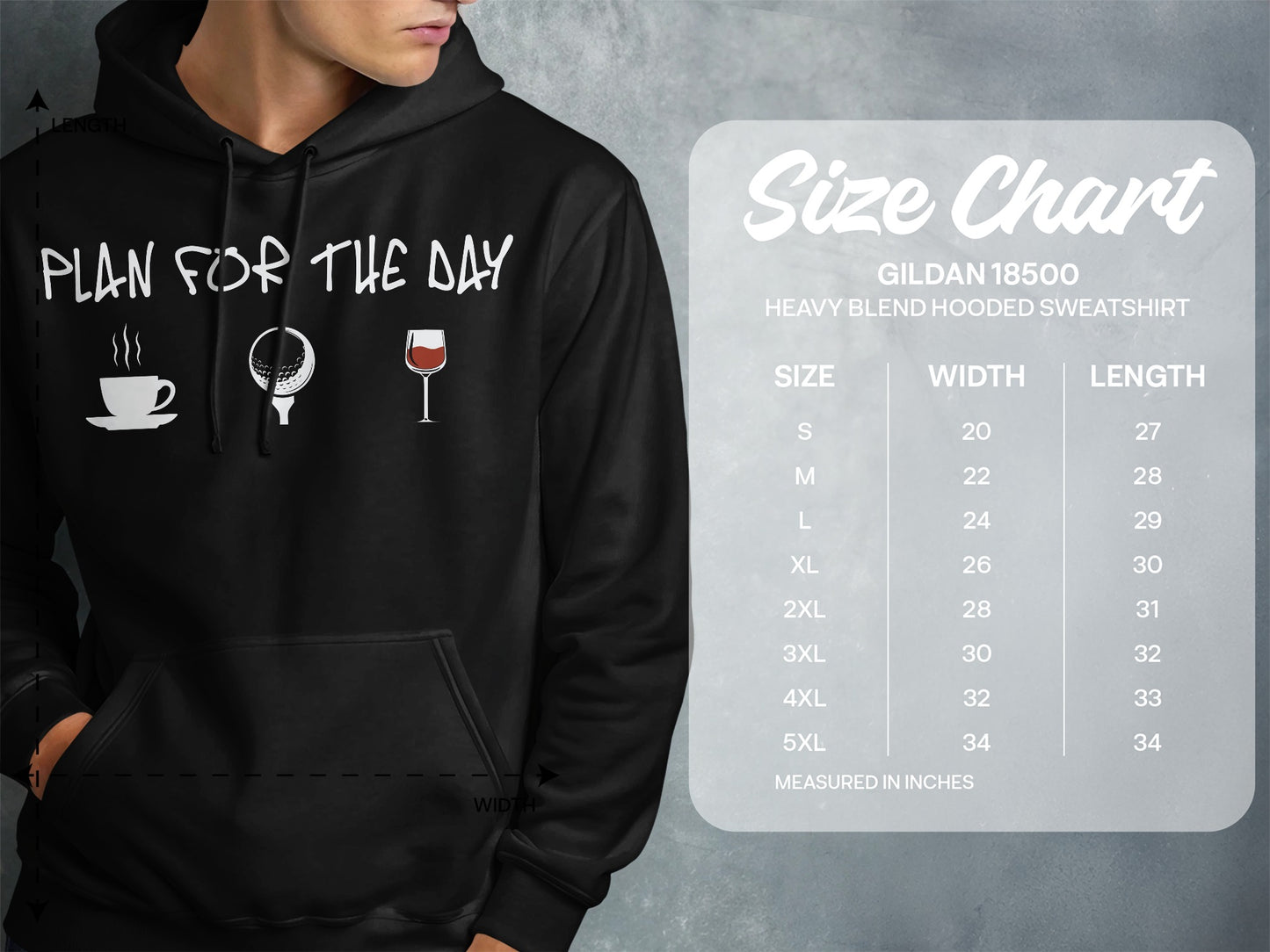 Hoodie with "Plan for the Day" text, golf, and drink icons, next to a size chart.