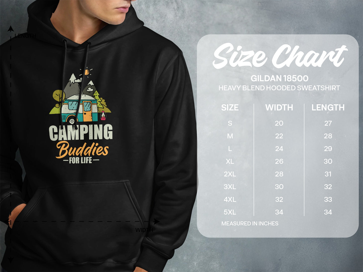 Gildan 18500 size chart for heavy blend hooded sweatshirts.