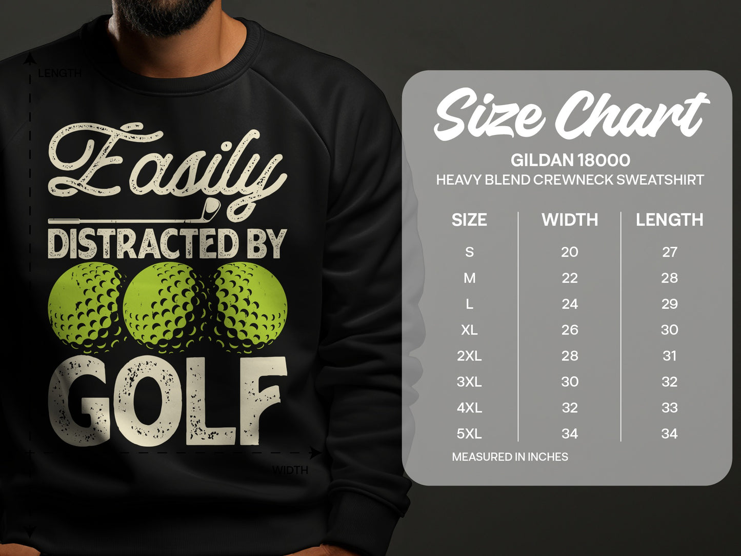 Black sweatshirt with "Easily Distracted by Golf" graphic and size chart.