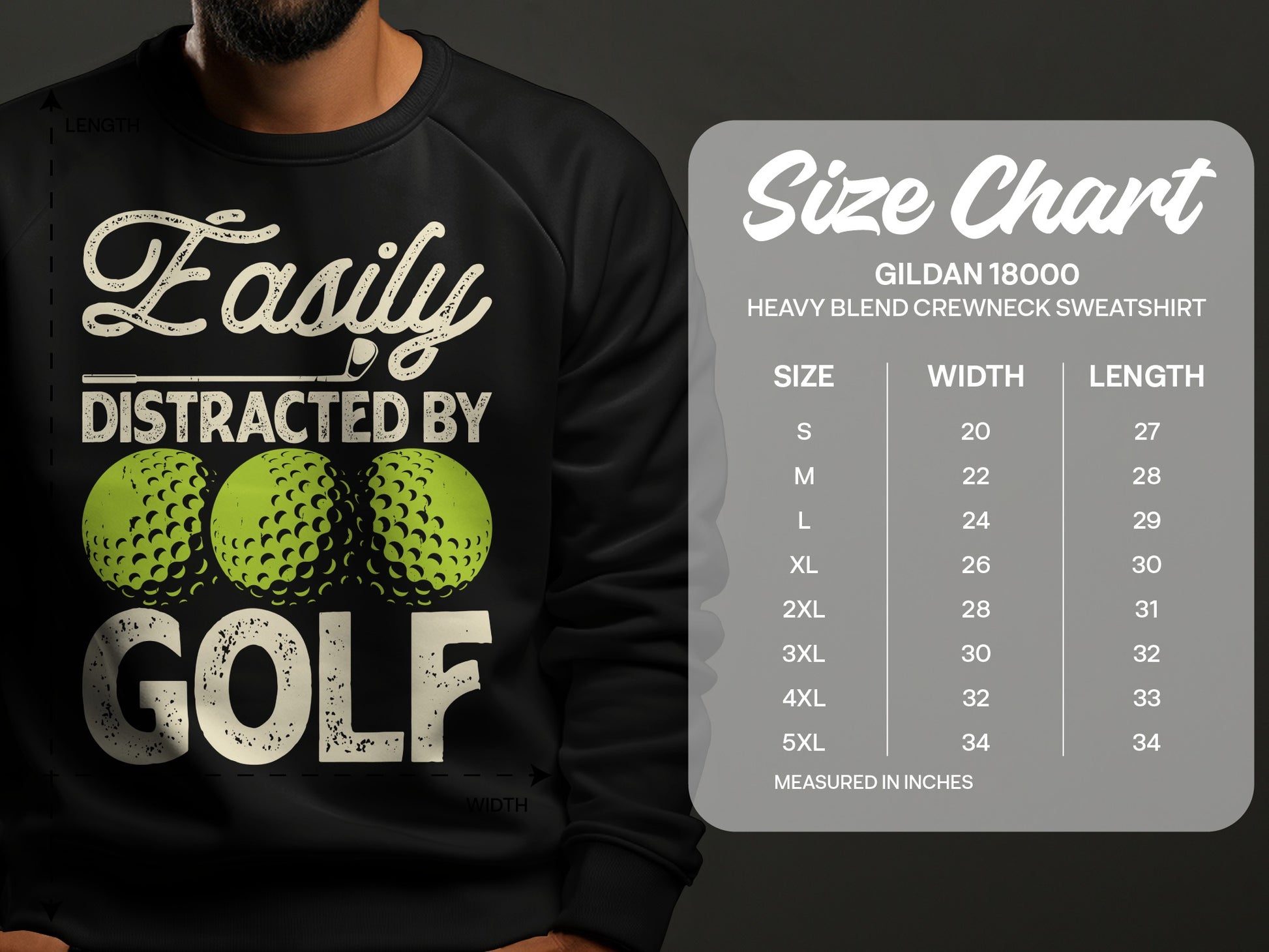 Black sweatshirt with "Easily Distracted by Golf" graphic and size chart.