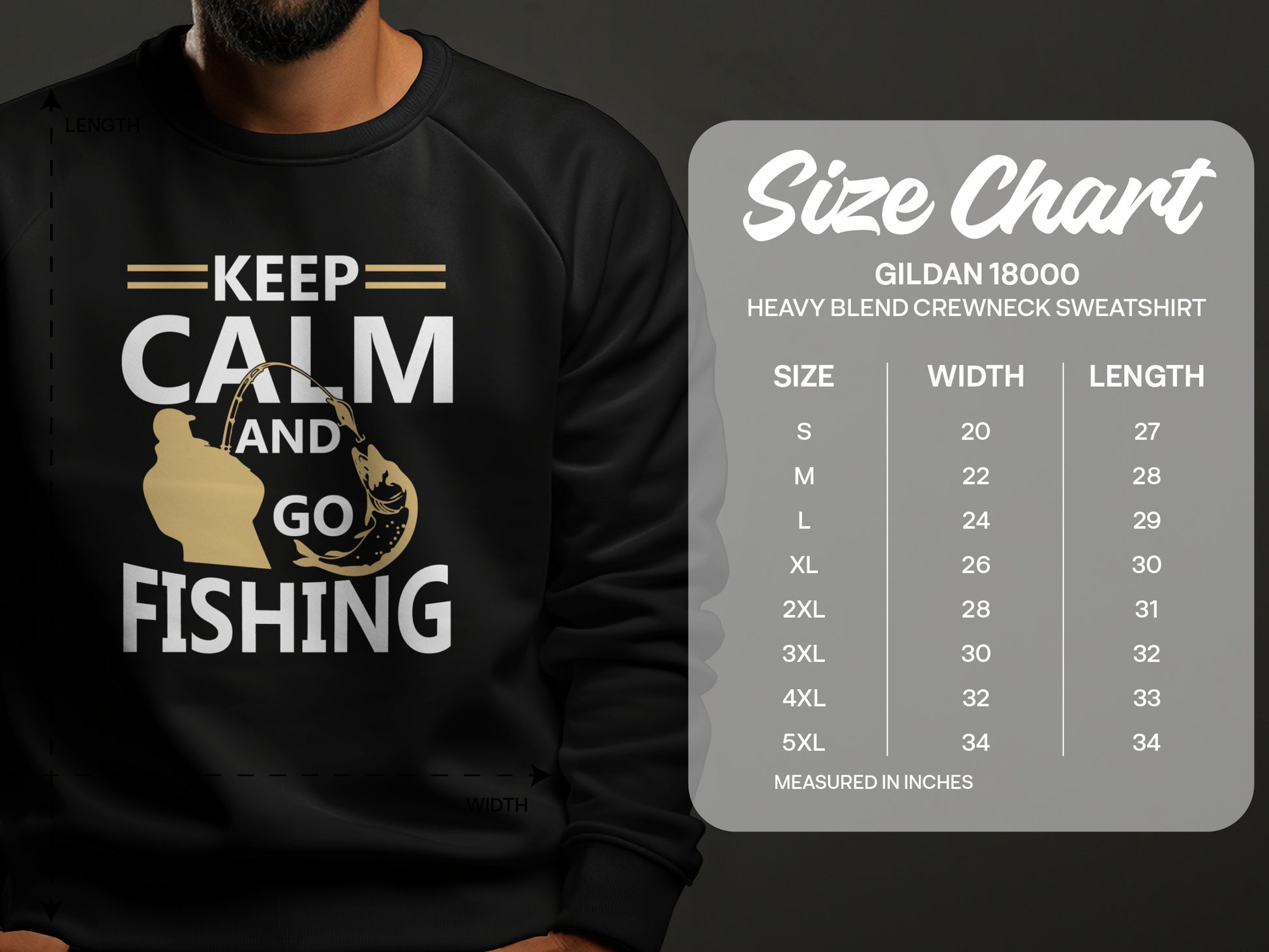 Crewneck sweatshirt with "Keep Calm and Go Fishing" graphic and size chart.