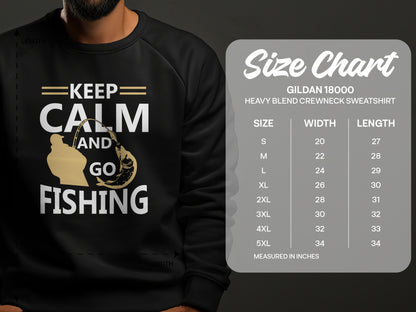 Crewneck sweatshirt with "Keep Calm and Go Fishing" graphic and size chart.