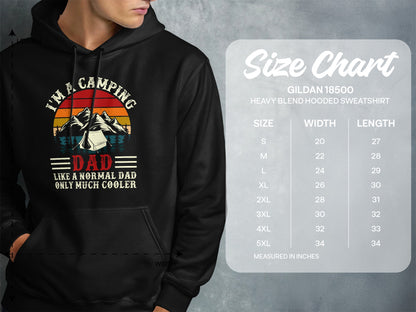 Hooded sweatshirt with "I'm a camping dad only much cooler" graphic and size chart.