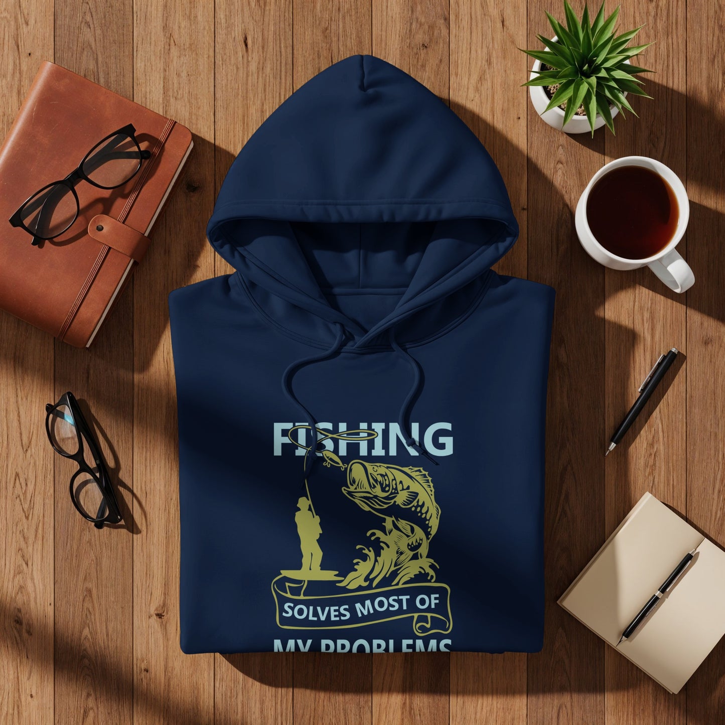 Navy blue hoodie with "FISHING SOLVES MOST OF MY PROBLEMS" graphic.