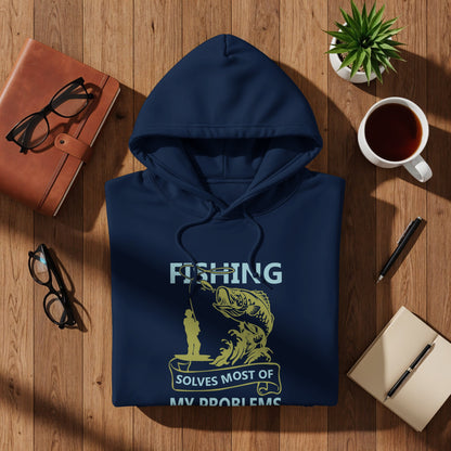 Navy blue hoodie with "FISHING SOLVES MOST OF MY PROBLEMS" graphic.