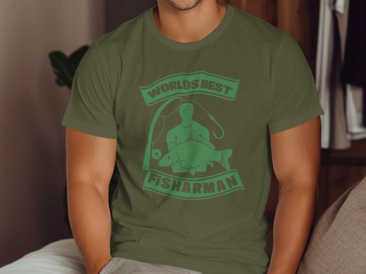 Green t-shirt with "World's Best Fisherman" text and graphic.
