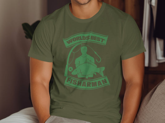 Green t-shirt with "World's Best Fisherman" text and graphic.