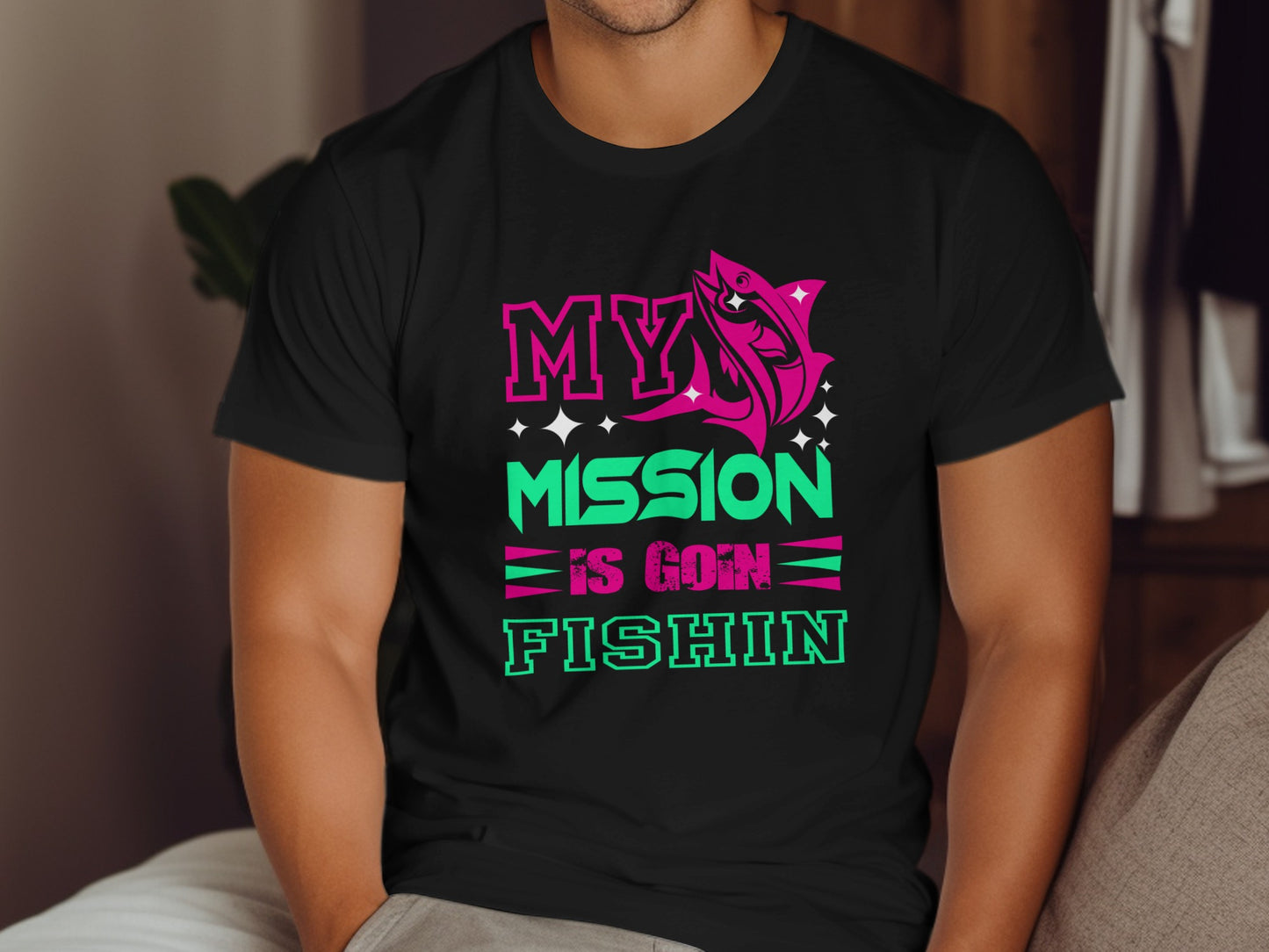 Black t-shirt with "MY MISSION IS GOIN FISHIN" text and fish graphic.