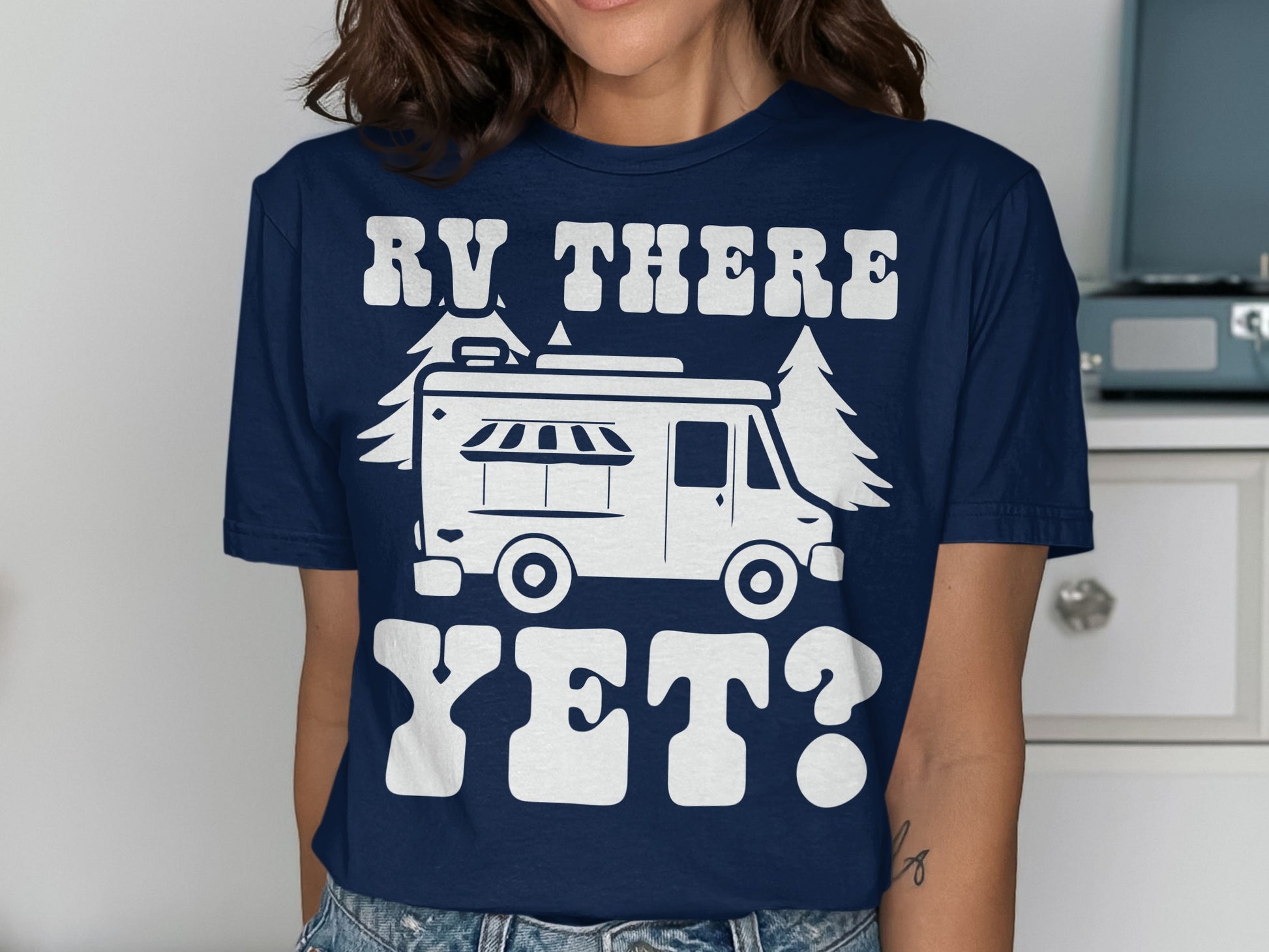 Navy t-shirt with RV illustration and text "RV THERE YET?".