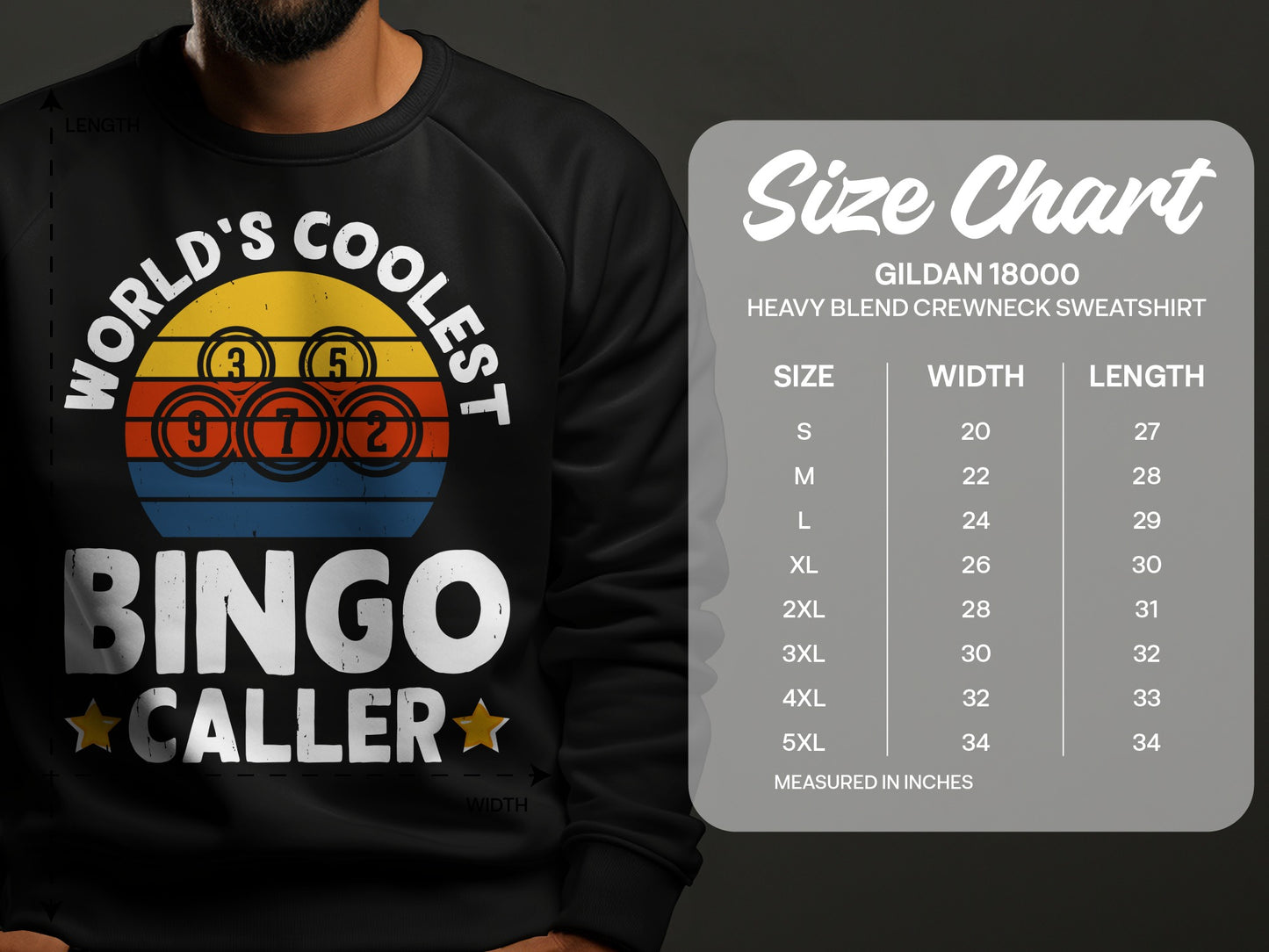 "World's Coolest Bingo Caller" sweatshirt with Gildan 18000 size chart.