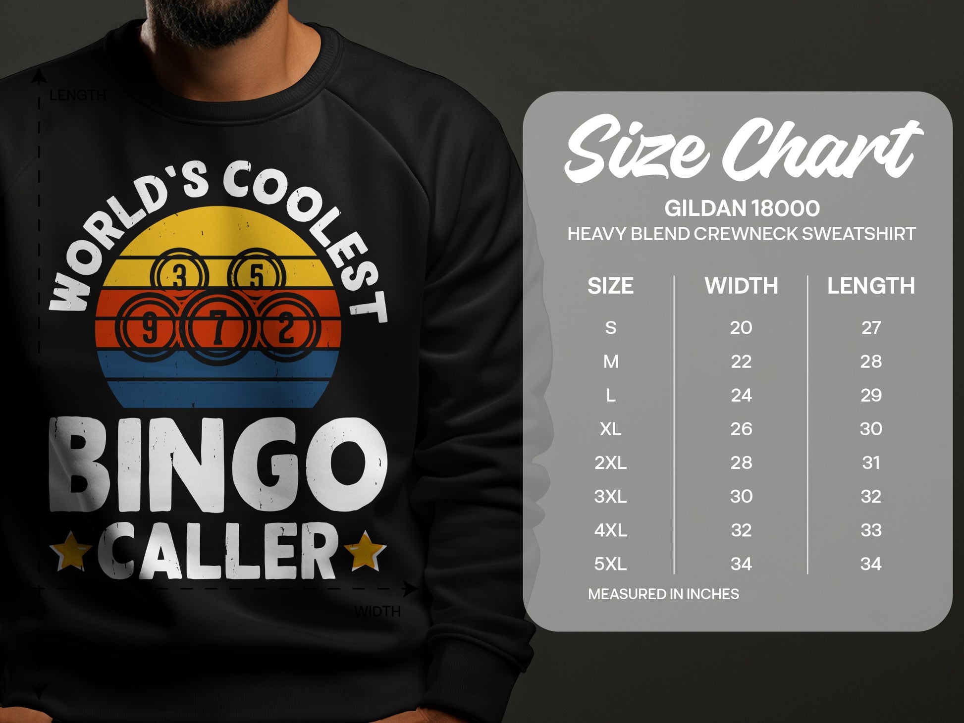 "World's Coolest Bingo Caller" sweatshirt with Gildan 18000 size chart.
