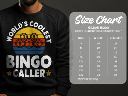 "World's Coolest Bingo Caller" sweatshirt with Gildan 18000 size chart.