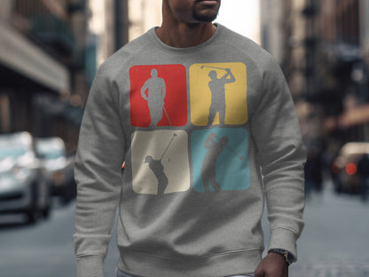 Gray sweatshirt with four colorful golfer silhouettes in squares.