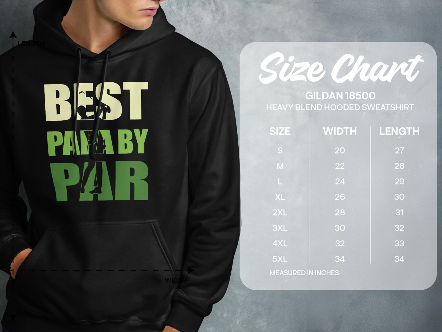 Size chart for Gildan 18500 hooded sweatshirt with measurements.