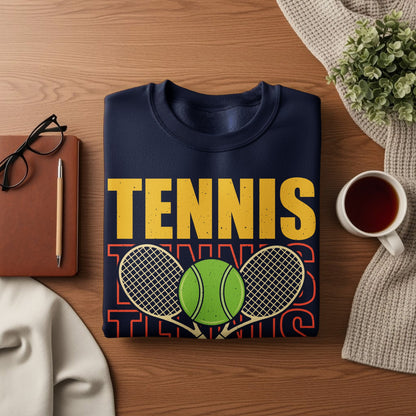 Navy sweatshirt with "TENNIS" text and graphic of a tennis ball and rackets.